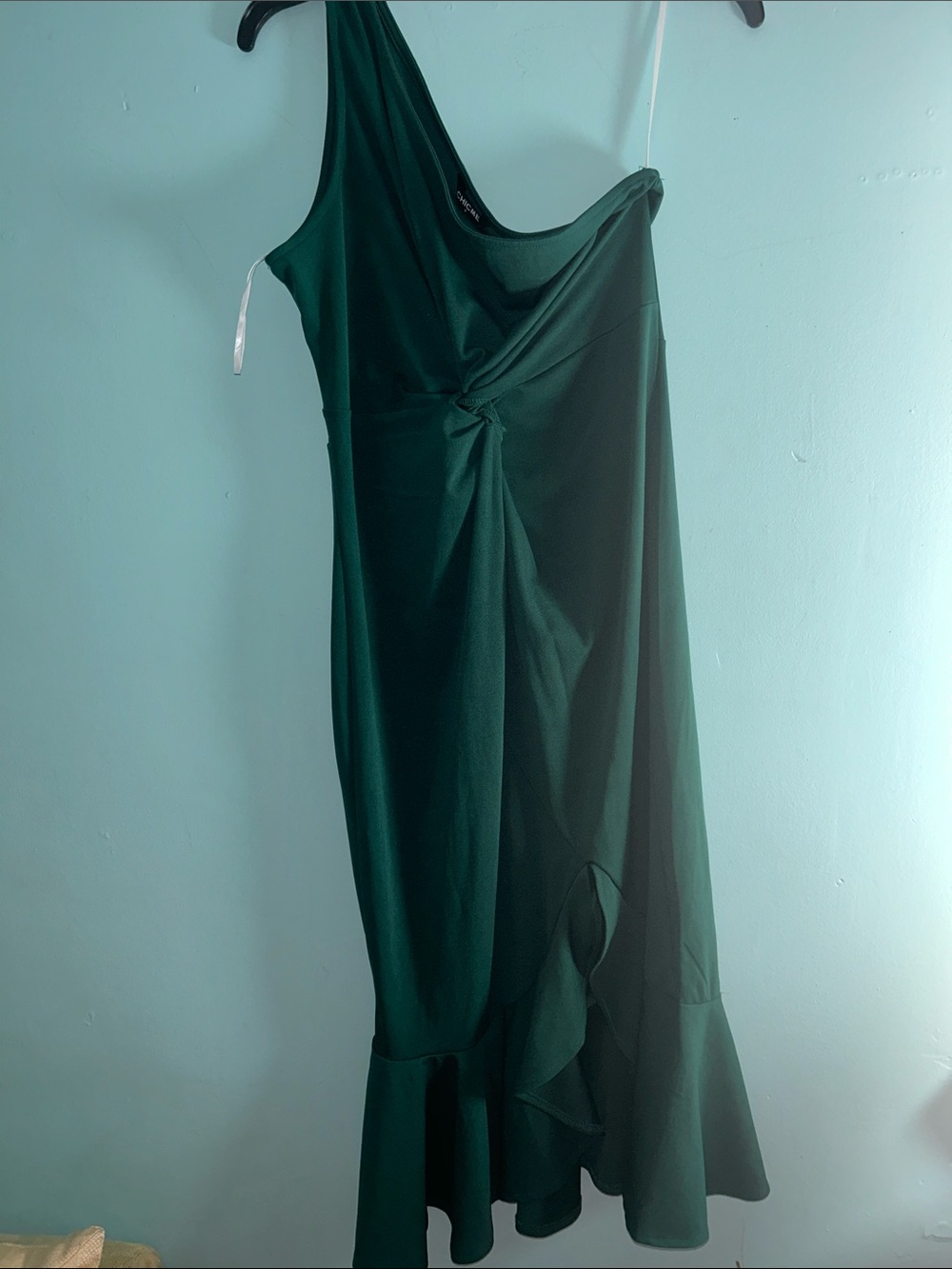chic Forest Green One-Shoulder Twist Midi Dress